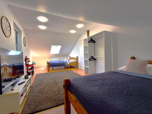 a bedroom with a bed and a television in it at Residence Pod Bublavou in Kraslice