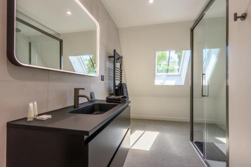 a bathroom with a sink and a mirror at Château de l'Abbatiale in Braine