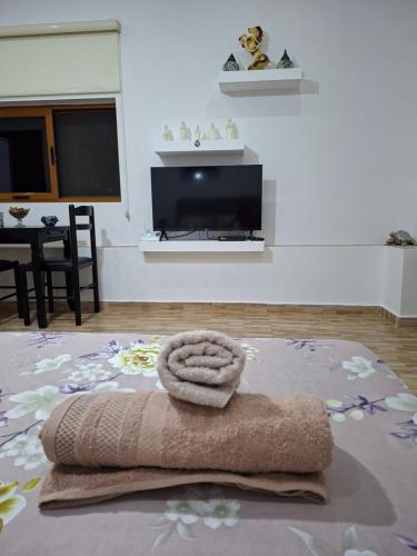 a living room with a towel on the floor at Laboti Quiet Room in Librazhd