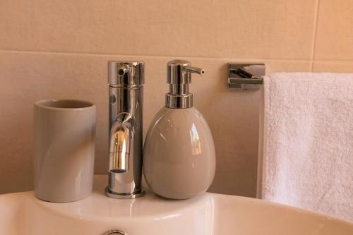 a soap dispenser and a bottle on a sink at La Piazzetta in Cingoli