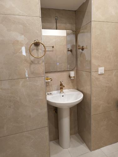 a bathroom with a sink and a shower at Anesis Hotel in Loutra Edipsou