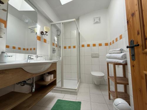 a bathroom with a sink and a shower and a toilet at Pension Mirabelle in Ellmau