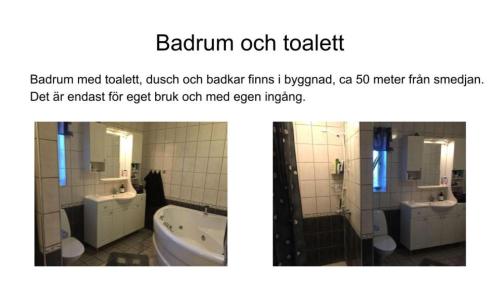 two pictures of a bathroom with two sinks and a tub at Stenbrottets smedja in Falköping