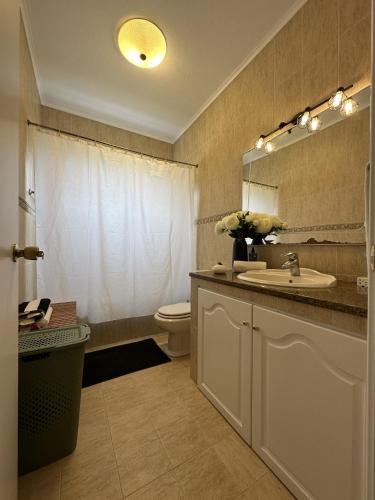 a bathroom with a sink and a toilet and a mirror at Villa Populo in Ponta Delgada