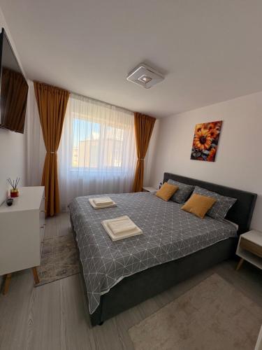 a bedroom with a bed and a desk and a window at Apartament MARIO in Târgu Ocna