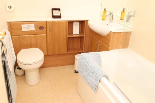 a bathroom with a toilet and a sink at Eastwood Cottage in Turriff