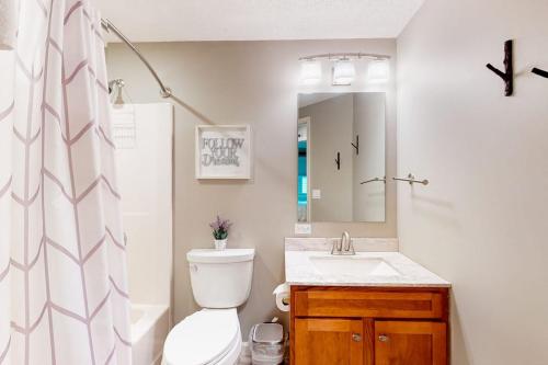 a bathroom with a toilet and a sink and a mirror at Brookhaven B1 in Ludlow