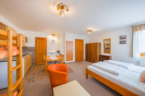a bedroom with a bunk bed and a desk at Apartmány Koloniál in Rokytnice nad Jizerou