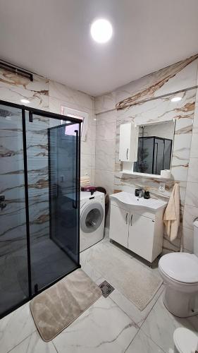 a bathroom with a shower and a toilet and a sink at Veslo IN in Krčedin
