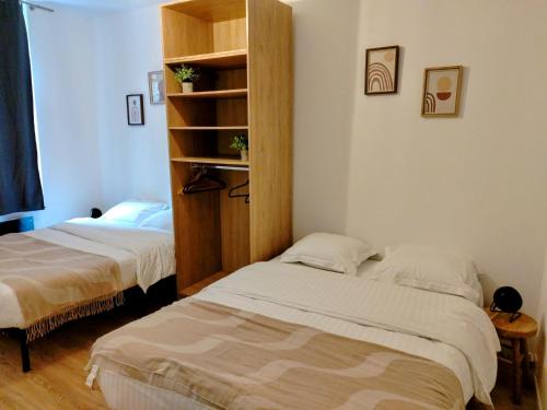 a bedroom with two beds and a book shelf at Le Grand Stanislas in Nancy