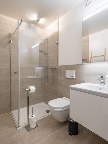 a bathroom with a shower and a toilet and a sink at Domaine de la Crausaz in Grandvaux
