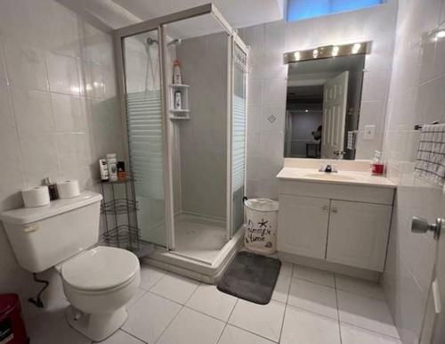 a bathroom with a shower and a toilet and a sink at Cozy Family Suite, entire place with two beds, pravite washroom and kitchen in Markham