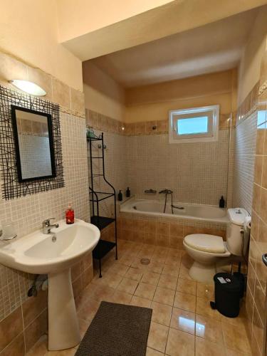 a bathroom with a sink and a tub and a toilet at Eveline house in Larisa