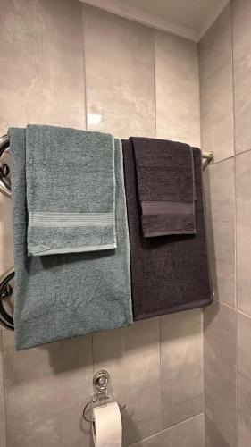 three towels are hanging on a towel rack in a bathroom at Bright Apartment with Forest View Balcony in Naujoji Akmenė