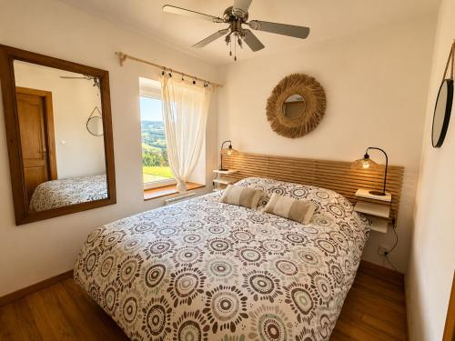 a bedroom with a large bed and a mirror at Le Panorama in Soultzeren