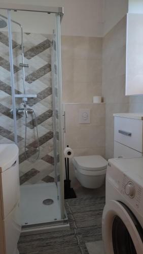 a bathroom with a shower and a toilet and a sink at Apartment Tacoma in Vrsar