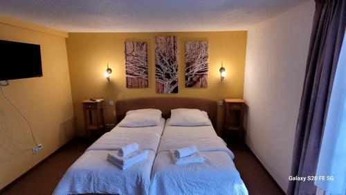 two beds in a hotel room with towels on them at Pension Yammas in Großpostwitz