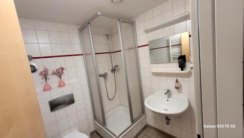 a bathroom with a shower and a toilet and a sink at Pension Yammas in Großpostwitz
