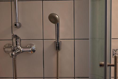 a shower with a shower head in a bathroom at Apartma Kukč II in Bovec