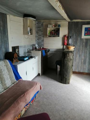 a room with a kitchen and a counter in a room at Cabane insolite au sein d un ranch in Poilhès