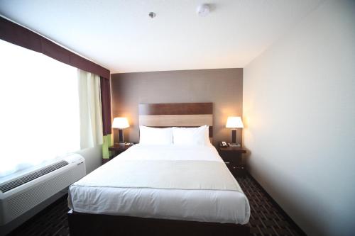 a hotel room with a bed and a window at Wyndham Garden Edmonton Airport in Leduc