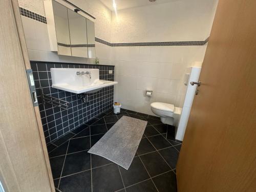 a bathroom with a sink and a toilet at Loft im Fabrikstil mit 2 eigenen Schlafzimmern mit Wlan und Parkplatz in Groß-Umstadt