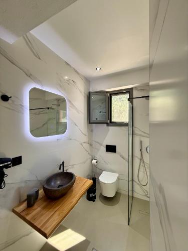 a bathroom with a sink and a toilet at Skiathos Bliss Villa in Skiathos