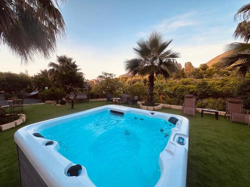 a large swimming pool in a yard with palm trees at Villa Tiche in Cefalù