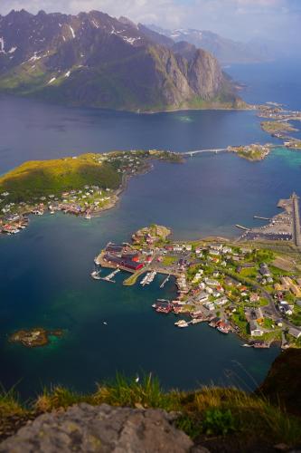 an aerial view of a harbor in a body of water at Sigridhuset in Moskenes