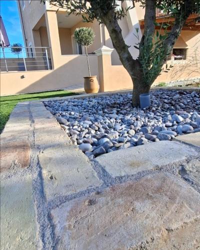 a tree in the middle of a stone walkway at Grand Skylight in Corfu