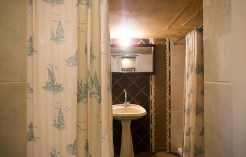 ein Badezimmer mit Waschbecken und Duschvorhang in der Unterkunft Student House in Madaba