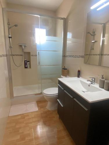 a bathroom with a toilet and a sink and a shower at Vista al Mar in Piles