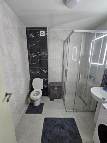 a bathroom with a shower and a toilet and a sink at Azure Coast in Bar
