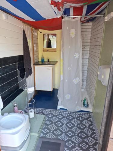 a bathroom with a tub and a shower in a room at Route 47 Glamping Bell Tents in Cross Hands