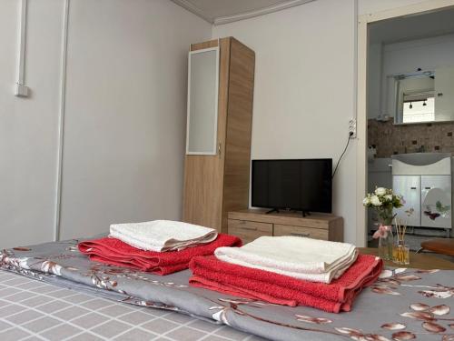 a room with a bed with red blankets and a television at Casa Dorina 2 in Techirghiol