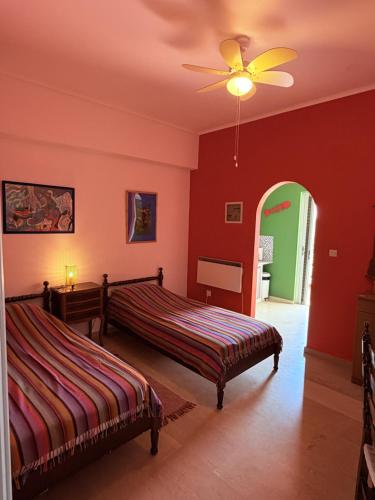 a bedroom with two beds and a ceiling fan at Art & Motion Union - Guest Room 2 in Apoíkia