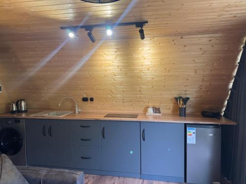 a kitchen with a sink and a counter with lights at Chachkari Cottage in Gogasheni