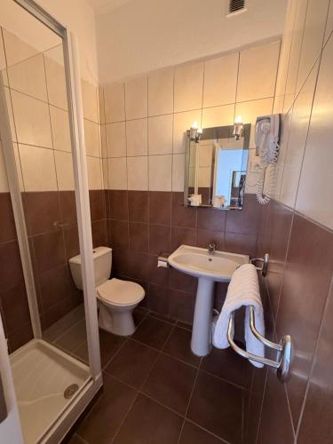 a bathroom with a sink and a toilet and a shower at Hotel Madame Mere in Saint-Florent