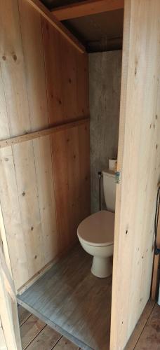 a bathroom with a toilet in a wooden wall at Camping Amable in Someren