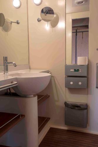 a bathroom with a sink and a mirror at Camping De Kooiplaats in Schiermonnikoog