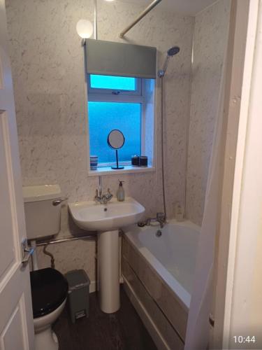 a bathroom with a sink and a toilet and a window at The Orange room in Lincolnshire