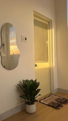 a room with a plant and a mirror on the wall at Lấp Ló Home in Danang