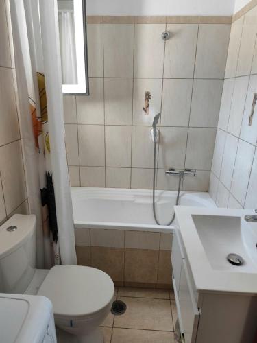 a bathroom with a toilet and a tub and a sink at NaxosChoraNext in Galanádhon