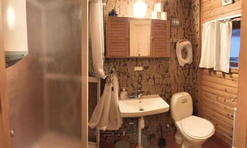 a bathroom with a sink and a toilet and a shower at Runeholm in Vimmerby
