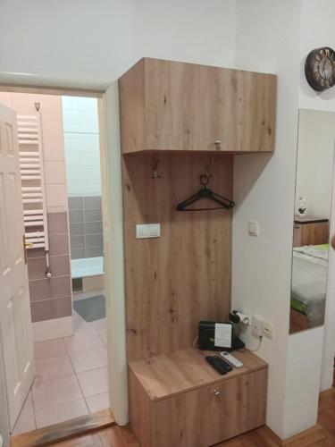 a bathroom with a shower with a wooden wall at Apartman Apatin studio DUE in Apatin