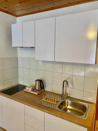 a kitchen with white cabinets and a sink at Encijan Apartments in Log pod Mangartom