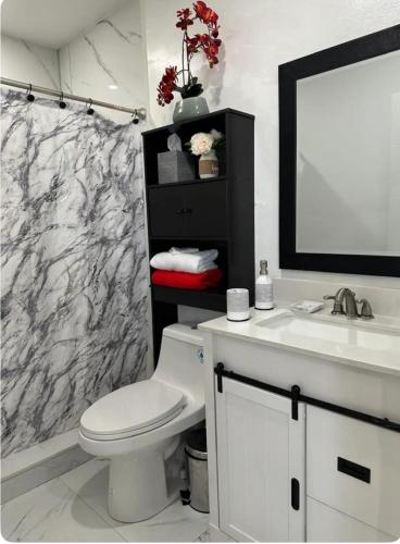 a bathroom with a toilet and a sink and a mirror at Private Cozy Studio in Sunrise