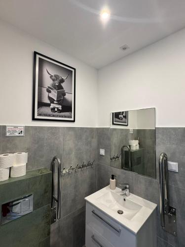 a bathroom with a sink and a mirror at Stodoła Parysa in Wola Korytnicka