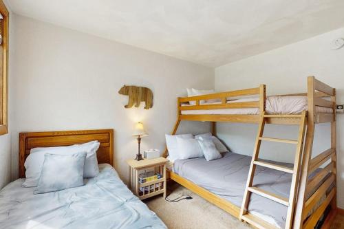 a bedroom with two bunk beds and a ladder at White Mountain Getaway in Bartlett