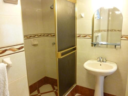 y baño con lavabo y ducha. en Hotel San Martín, en Tacna